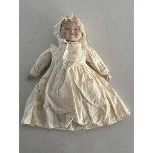 Vintage Shackman Porcelain Bisque Baby Doll Christening Gown& Bonnet